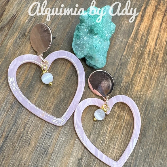 Cat's eye acrylic big heart dangle rose gold earrings - Picture 1 of 4